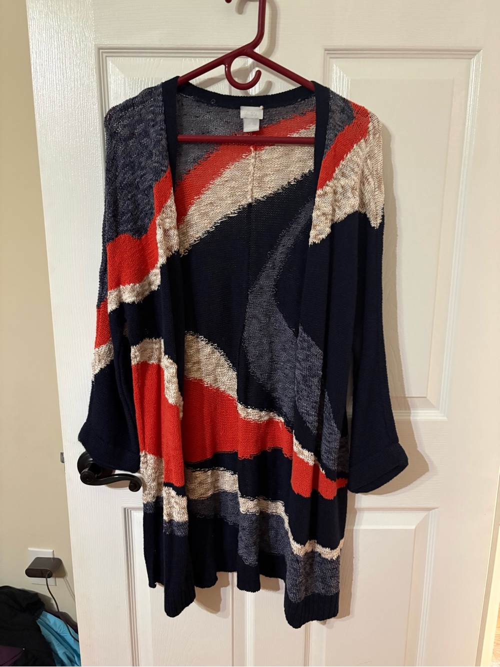 Chico's Navy, Red & Cream Open-Front Abstract Stripe Cardigan